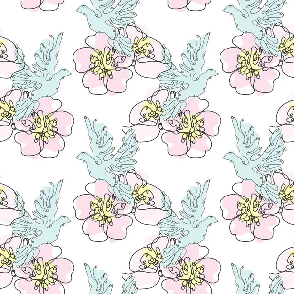 Elegant Seamless Pattern Sakura Flowers Doves Design Elements Floral Pattern — Stock Vector