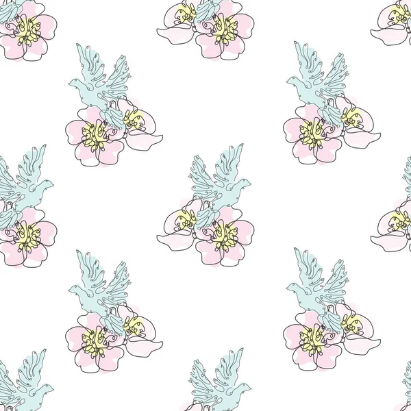 Elegante Patrón Sin Costuras Con Flores Sakura Palomas Elementos Diseño — Archivo Imágenes Vectoriales