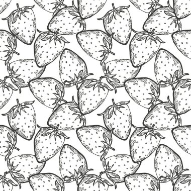 Çilekli ve tasarım elementli zarif, pürüzsüz bir desen. Davetiyeler için meyve deseni, kartlar, baskı, hediye paketi, imalat, tekstil, kumaş, duvar kağıtları. Yemek, mutfak, vejetaryen teması