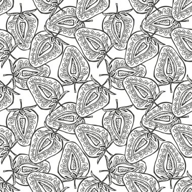 Dilimlenmiş çilek ve tasarım elementleriyle zarif, pürüzsüz bir desen. Davetiyeler için meyve deseni, kartlar, baskı, hediye paketi, imalat, tekstil, kumaş, duvar kağıtları. Yemek, mutfak, vejetaryen teması