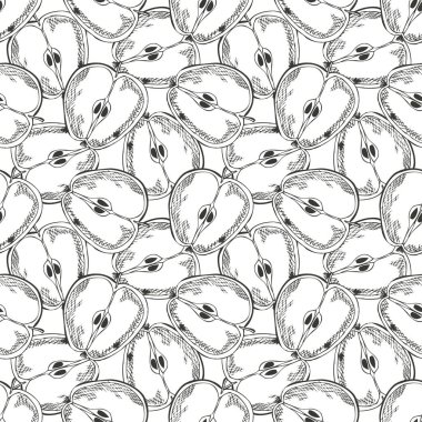 Dilimlenmiş elmalarla, tasarım elementleriyle zarif, pürüzsüz bir desen. Davetiyeler için meyve deseni, kartlar, baskı, hediye paketi, imalat, tekstil, kumaş, duvar kağıtları. Yemek, mutfak, vejetaryen teması
