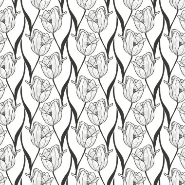 Lale çiçekleri ve tasarım elementleriyle zarif, pürüzsüz bir desen. Davetiyeler, kartlar, baskı, hediye paketi, imalat, tekstil, kumaş, duvar kağıtları için çiçek deseni