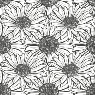 Papatya çiçekleri ve tasarım elementleriyle zarif, pürüzsüz bir desen. Davetiyeler, kartlar, baskı, hediye paketi, imalat, tekstil, kumaş, duvar kağıtları için çiçek deseni