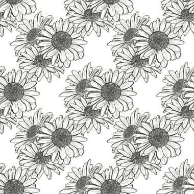 Papatya çiçekleri ve tasarım elementleriyle zarif, pürüzsüz bir desen. Davetiyeler, kartlar, baskı, hediye paketi, imalat, tekstil, kumaş, duvar kağıtları için çiçek deseni