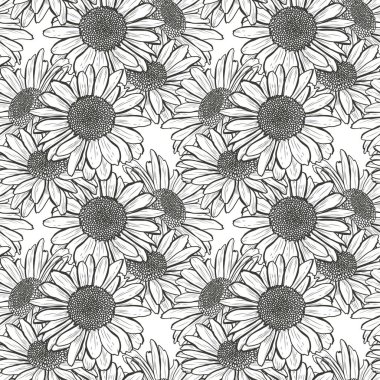 Papatya çiçekleri ve tasarım elementleriyle zarif, pürüzsüz bir desen. Davetiyeler, kartlar, baskı, hediye paketi, imalat, tekstil, kumaş, duvar kağıtları için çiçek deseni