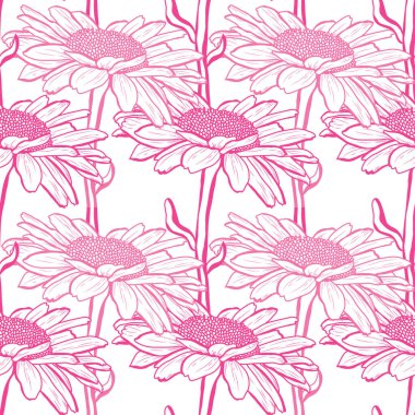 Papatya çiçekleri ve tasarım elementleriyle zarif, pürüzsüz bir desen. Davetiyeler, kartlar, baskı, hediye paketi, imalat, tekstil, kumaş, duvar kağıtları için çiçek deseni