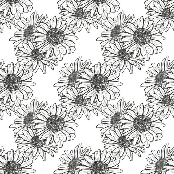 Элегантный бесшовный узор с ромашковыми цветами, элементами дизайна. Цветочный узор для приглашений, открыток, печати, подарочной упаковки, производства, текстиля, ткани, обоев