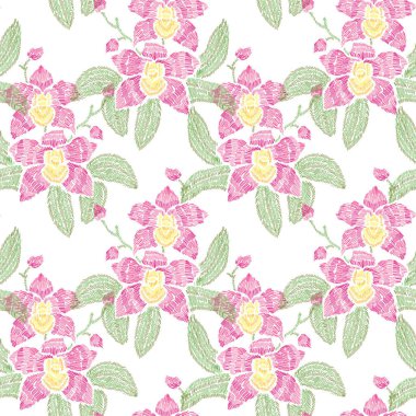 Orkide çiçekleri ve tasarım elementleriyle zarif, pürüzsüz bir desen. Davetiyeler için çiçek deseni, kartlar, baskı, hediye paketi, imalat, tekstil, kumaş, duvar kağıtları. Nakış stili