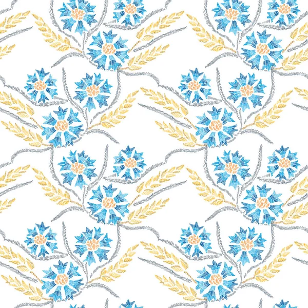 Elegant Seamless Pattern Cornflowers Wheat Design Elements Floral Pattern Invitations — Stock Vector