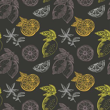 Limon meyveli, tasarım elementli zarif, pürüzsüz bir desen. Davetiyeler için meyve deseni, kartlar, baskı, hediye paketi, imalat, tekstil, kumaş, duvar kağıtları. Yemek, mutfak, vejetaryen teması