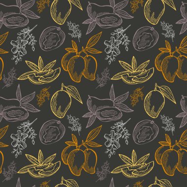 Zarif, pürüzsüz, mango meyveli, tasarım elementli. Davetiyeler için meyve deseni, kartlar, baskı, hediye paketi, imalat, tekstil, kumaş, duvar kağıtları. Yemek, mutfak, vejetaryen teması