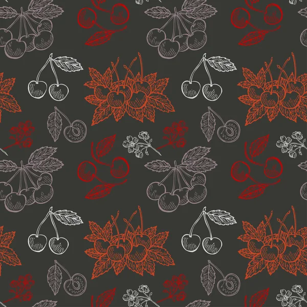 Elegant seamless pattern with cherries, design elements. Fruit  pattern for invitations, cards, print, gift wrap, manufacturing, textile, fabric, wallpapers. Food, kitchen, vegetarian theme