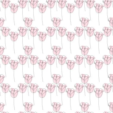 Lale çiçekleri ve tasarım elementleriyle zarif, pürüzsüz bir desen. Davetiyeler için çiçek deseni, kartlar, baskı, hediye paketi, imalat, tekstil, kumaş, duvar kağıtları. Aralıksız çizgi sanatı