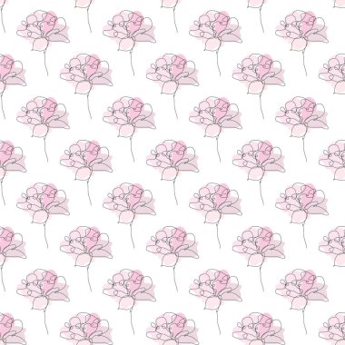 Lale çiçekleri ve tasarım elementleriyle zarif, pürüzsüz bir desen. Davetiyeler için çiçek deseni, kartlar, baskı, hediye paketi, imalat, tekstil, kumaş, duvar kağıtları. Aralıksız çizgi sanatı