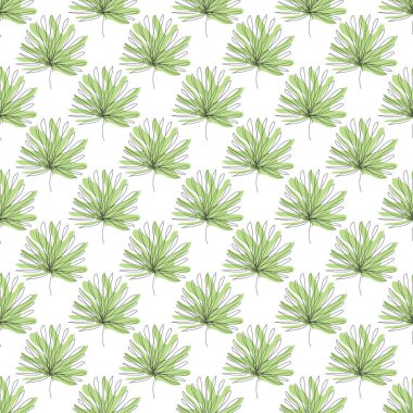 Tropikal yaprakları ve tasarım elementleri olan zarif, pürüzsüz bir desen. Davetiyeler için çiçek deseni, kartlar, baskı, hediye paketi, imalat, tekstil, kumaş, duvar kağıtları. Aralıksız çizgi sanatı