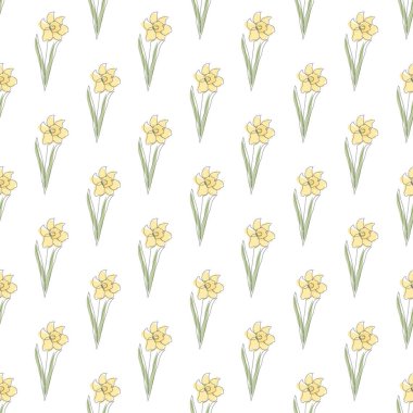 Nergis çiçekleri ve tasarım elementleriyle zarif, pürüzsüz bir desen. Davetiyeler için çiçek deseni, kartlar, baskı, hediye paketi, imalat, tekstil, kumaş, duvar kağıtları. Aralıksız çizgi sanatı