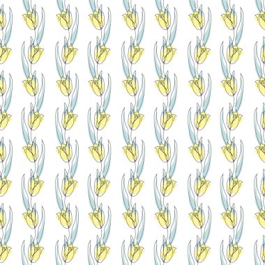 Lale çiçekleri ve tasarım elementleriyle zarif, pürüzsüz bir desen. Davetiyeler için çiçek deseni, kartlar, baskı, hediye paketi, imalat, tekstil, kumaş, duvar kağıtları. Aralıksız çizgi sanatı