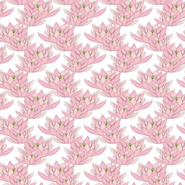 Nilüfer çiçekleri ve tasarım elementleriyle zarif, pürüzsüz bir desen. Davetiyeler için çiçek deseni, kartlar, baskı, hediye paketi, imalat, tekstil, kumaş, duvar kağıtları. Aralıksız çizgi sanatı