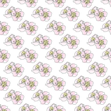 Sakura çiçekleri ve tasarım elementleriyle zarif, pürüzsüz bir desen. Davetiyeler için çiçek deseni, kartlar, baskı, hediye paketi, imalat, tekstil, kumaş, duvar kağıtları. Aralıksız çizgi sanatı