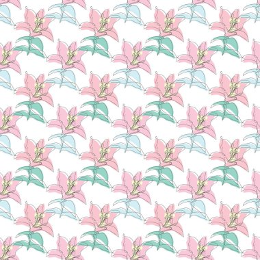 Zambak çiçekleri ve tasarım elementleriyle zarif, pürüzsüz bir desen. Davetiyeler için çiçek deseni, kartlar, baskı, hediye paketi, imalat, tekstil, kumaş, duvar kağıtları. Aralıksız çizgi sanatı