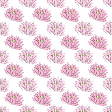 Nilüfer çiçekleri ve tasarım elementleriyle zarif, pürüzsüz bir desen. Davetiyeler için çiçek deseni, kartlar, baskı, hediye paketi, imalat, tekstil, kumaş, duvar kağıtları. Aralıksız çizgi sanatı