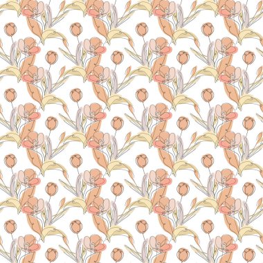 Lale çiçekleri ve tasarım elementleriyle zarif, pürüzsüz bir desen. Davetiyeler için çiçek deseni, kartlar, baskı, hediye paketi, imalat, tekstil, kumaş, duvar kağıtları. Aralıksız çizgi sanatı