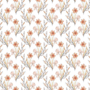 Nergis, iris ve nergis desenli zarif kusursuz desen, tasarım elementleri. Davetiyeler için çiçek deseni, kartlar, baskı, hediye paketi, imalat, tekstil, kumaş, duvar kağıtları. Aralıksız çizgi sanatı