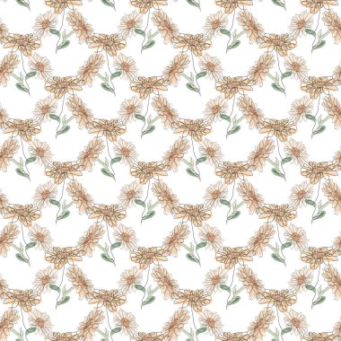 Papatya çiçekleri ve tasarım elementleriyle zarif, pürüzsüz bir desen. Davetiyeler için çiçek deseni, kartlar, baskı, hediye paketi, imalat, tekstil, kumaş, duvar kağıtları. Aralıksız çizgi sanatı