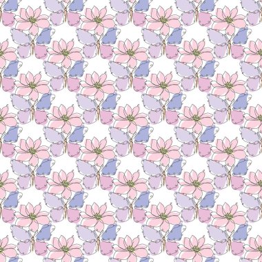 Kelebekli, şakayıklı, tasarım elementli zarif, pürüzsüz bir desen. Davetiyeler için çiçek deseni, kartlar, baskı, hediye paketi, imalat, tekstil, kumaş, duvar kağıtları. Aralıksız çizgi sanatı