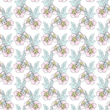 Güvercinler ve sakura ile zarif, pürüzsüz desen, tasarım elementleri. Davetiyeler için çiçek deseni, kartlar, baskı, hediye paketi, imalat, tekstil, kumaş, duvar kağıtları. Aralıksız çizgi sanatı