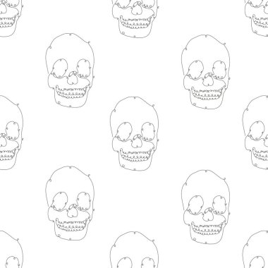 Kafatasları ve tasarım elementleri olan zarif, pürüzsüz bir desen. Davetiyeler için kafatası deseni, kartlar, baskı, hediye paketi, imalat, tekstil, kumaş, duvar kağıtları. Aralıksız çizgi sanatı