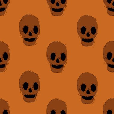 Kafatasları ve tasarım elementleri olan zarif, pürüzsüz bir desen. Davetiyeler için Cadılar Bayramı deseni, kartlar, baskı, hediye paketi, imalat, tekstil, kumaş, duvar kağıtları. Aralıksız çizgi sanatı