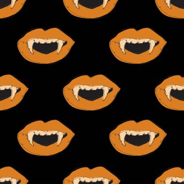 Vampir dudakları ve tasarım elementleri olan zarif, pürüzsüz bir desen. Cadılar Bayramı davetiyeleri, kartlar, baskı, hediye paketi, imalat, tekstil, kumaş, duvar kağıtları. Aralıksız çizgi sanatı