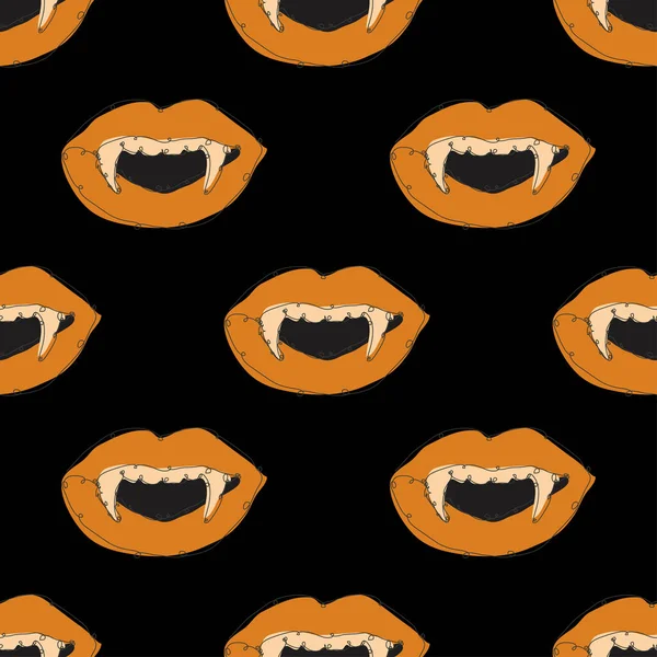 吸血鬼の唇 デザイン要素とエレガントなシームレスパターン 招待状 カード ギフトラップ ファブリック 壁紙のためのハロウィンパターン 連続線画形式 — ストックベクタ