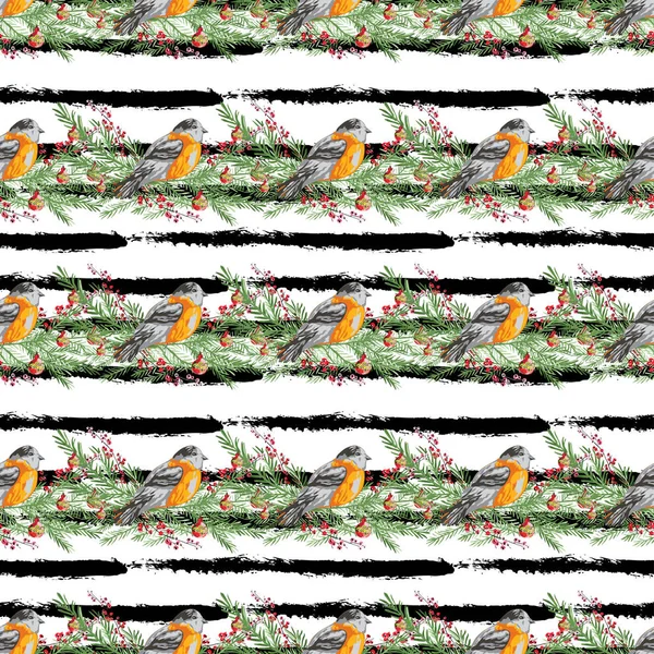 Elegante Naadloze Patroon Met Hulst Bessen Vogels Design Elementen Winterpatroon — Stockvector