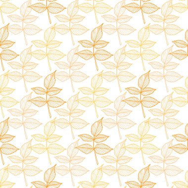 Sonbahar yaprakları ve tasarım elementleriyle zarif, pürüzsüz bir desen. Davetiyeler, kartlar, baskı, hediye paketi, imalat, tekstil, kumaş, duvar kağıtları için çiçek deseni