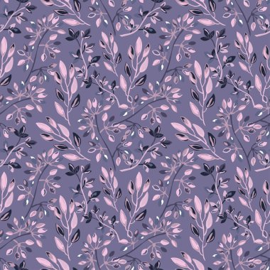 Dekoratif yaprakları ve tasarım unsurları olan zarif, pürüzsüz bir desen. Davetiyeler, kartlar, baskı, hediye paketi, imalat, tekstil, kumaş, duvar kağıtları için çiçek deseni