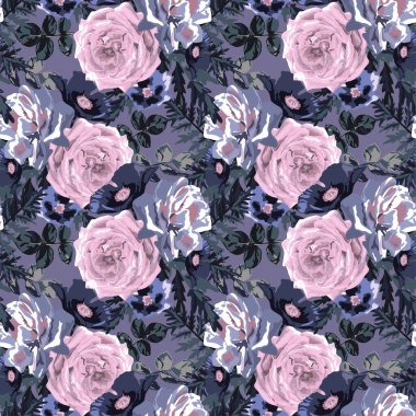 Gül çiçekleri ve tasarım elementleriyle zarif, pürüzsüz bir desen. Davetiyeler, kartlar, baskı, hediye paketi, imalat, tekstil, kumaş, duvar kağıtları için çiçek deseni