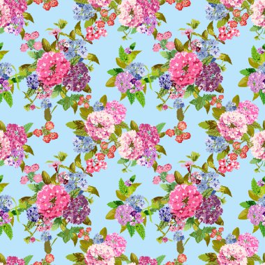 Verbena çiçekleri ve tasarım elementleriyle zarif, pürüzsüz bir desen. Davetiyeler, kartlar, baskı, hediye paketi, imalat, tekstil, kumaş, duvar kağıtları için çiçek deseni