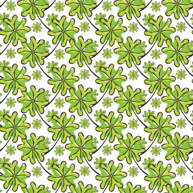 Şanslı yoncalar ve tasarım elementleriyle zarif, pürüzsüz bir desen. Davetiyeler, kartlar, baskı, hediye paketi, imalat, tekstil, kumaş, duvar kağıtları için Patrick deseni