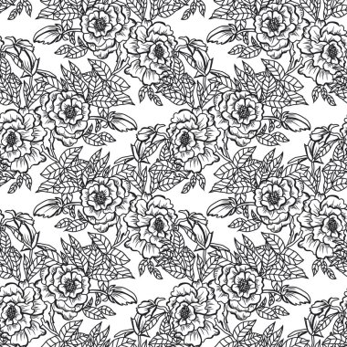 Şakayık çiçekleri ve tasarım elementleri olan zarif, pürüzsüz bir desen. Davetiyeler için çiçek deseni, kartlar, baskı, hediye paketi, imalat, tekstil, kumaş, duvar kağıtları. Satır sanatı