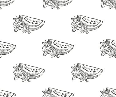 Karpuzları ve tasarım elementleri olan zarif, pürüzsüz bir desen. Davetiyeler için meyve deseni, kartlar, baskı, hediye paketi, imalat, tekstil, kumaş, duvar kağıtları. Yemek, mutfak, vejetaryen teması