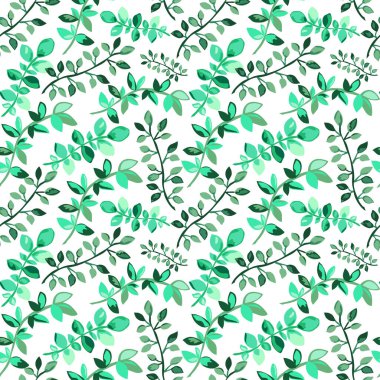 Yeşil yaprakları ve tasarım elementleri olan zarif, pürüzsüz bir desen. Davetiyeler, kartlar, baskı, hediye paketi, imalat, tekstil, kumaş, duvar kağıtları için yaprak deseni