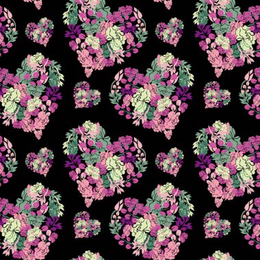 Şakayık çiçekli kalpleri ve tasarım elementleri olan zarif, pürüzsüz bir desen. Davetiyeler, kartlar, baskı, hediye paketi, imalat, tekstil, kumaş, duvar kağıtları için çiçek deseni