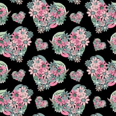 Çiçekli kalpleri ve tasarım elementleri olan zarif, pürüzsüz bir desen. Davetiyeler, kartlar, baskı, hediye paketi, imalat, tekstil, kumaş, duvar kağıtları için çiçek deseni