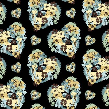 Çiçekli kalpleri ve tasarım elementleri olan zarif, pürüzsüz bir desen. Davetiyeler, kartlar, baskı, hediye paketi, imalat, tekstil, kumaş, duvar kağıtları için çiçek deseni