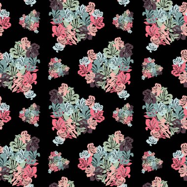 Zambak çiçekli kalpleri ve tasarım elementleri olan zarif, pürüzsüz bir desen. Davetiyeler, kartlar, baskı, hediye paketi, imalat, tekstil, kumaş, duvar kağıtları için çiçek deseni