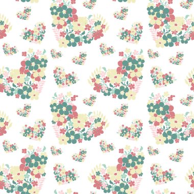 Çiçekli kalpleri ve tasarım elementleri olan zarif, pürüzsüz bir desen. Davetiyeler, kartlar, baskı, hediye paketi, imalat, tekstil, kumaş, duvar kağıtları için çiçek deseni