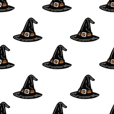 Cadı şapkaları ve tasarım elementleriyle el çizimi cadılar bayramı kusursuz desen. Davetiyeler, kartlar, baskı, hediye paketi, imalat, tekstil, kumaş, duvar kağıtları için şapka deseni