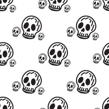 Kafatasları, tasarım elementleri ile el çizimi cadılar bayramı deseni. Davetiyeler, kartlar, baskı, hediye paketi, imalat, tekstil, kumaş, duvar kağıtları için kafatası deseni